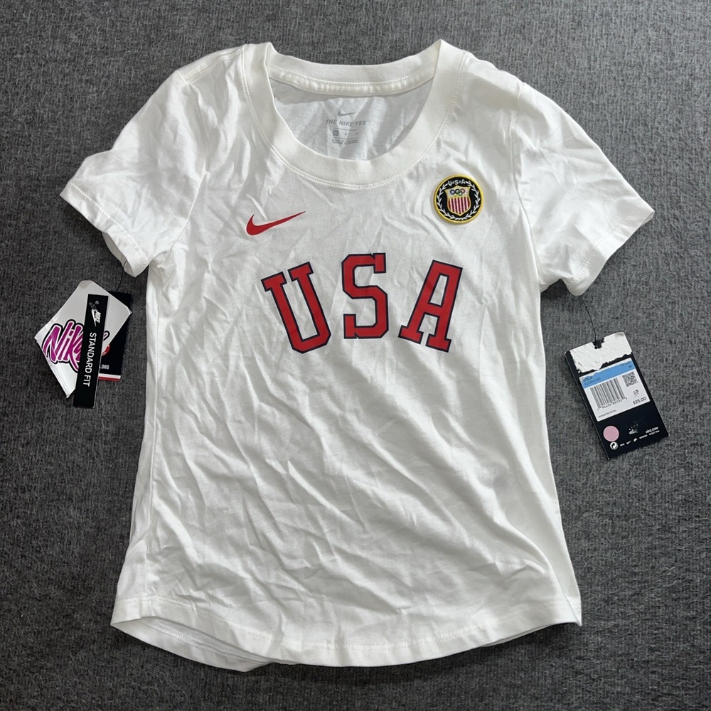 Girl's Youth Nike USA Olympic‎ Embroidered Patch Logo Short Sleeve White Shirt M